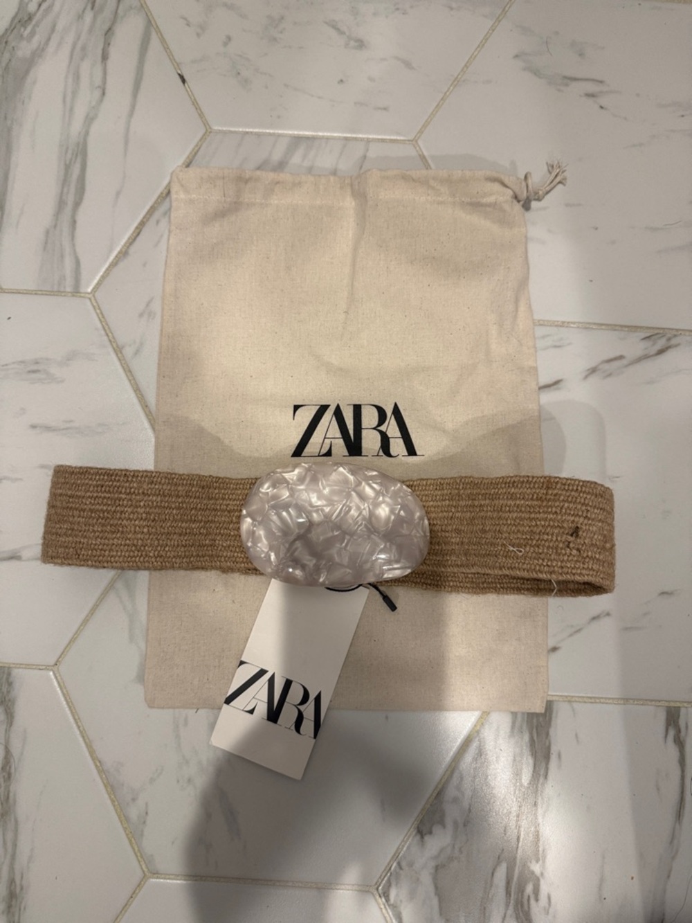 ZARA Natural Raffia Belt with Pearlized Statement Buckle